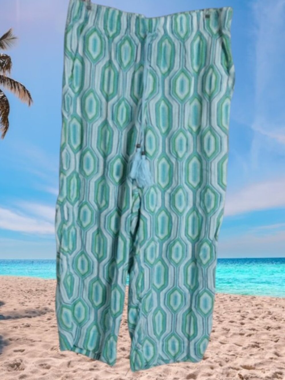 Sigri Olsen Linen Blend Geometric Print Pull-On Pants in Aqua Green Size XLarge